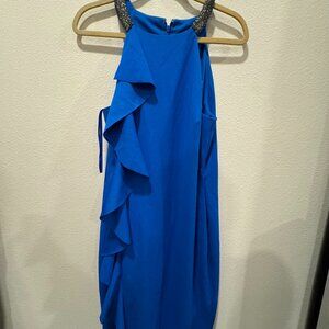 Ralph Lauren Size 16 Ruffled Cocktail Sheath Beaded Halter Dress PORTUGUESE BLUE